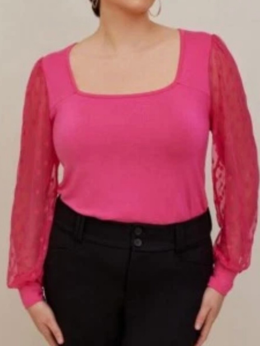 Torrid Hot Pink Long-Sleeve Scoop Neck Top with Polka Dot Sheer Sleeves Size 0